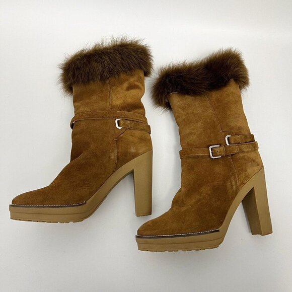 RALPH LAUREN COLLECTION purple Label Chestnut suede shearling fur trim boots 10 - Picture 2 of 10